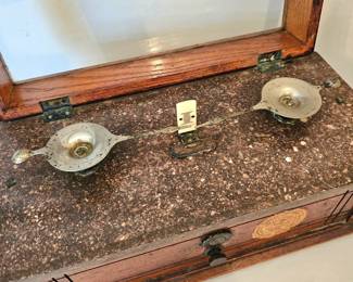 Antique Henry Troemner apothecary pharmacy balance scale, wooden case, marble top & glass cover.