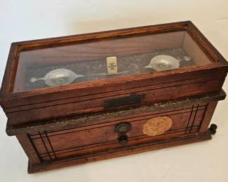 Antique Henry Troemner apothecary pharmacy balance scale, wooden case, marble top & glass cover.