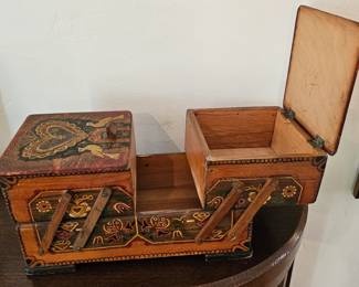 Vintage wooden hand-painted & decorated folk art sewing or trinket accordion-style box.