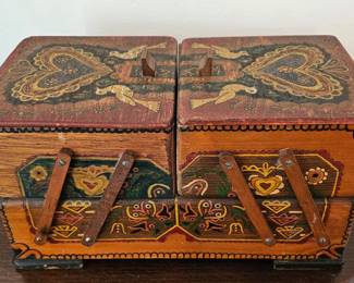 Vintage wooden hand-painted & decorated folk art sewing or trinket accordion-style box.
