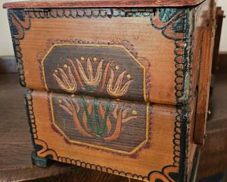 Vintage wooden hand-painted & decorated folk art sewing or trinket accordion-style box.