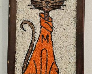 Vintage gravel art Siamese Cat wall hanging.