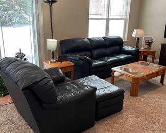 NAVY LEATHER SOFA, CHAIR AND OTTOMAN, 3 PIECE COFFEE AND END TABLE SET