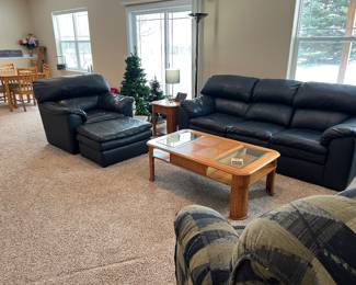 NAVY LEATHER SOFA, CHAIR AND OTTOMAN, 3 PIECE COFFEE AND END TABLE SET