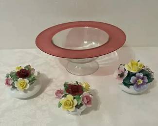 Cranberry Rim Vintage Glass Compote With Floral Bone China Decor