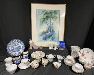 Watercolor Birch Tree Art, Blue  White China, Fitz  Floyd  Floral Tableware