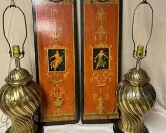 Pair of Vintage Marad Wall Panels And Brass Lamps