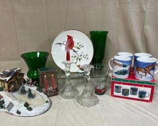 Christmas Decor, Green Glass Vases, Cardinal Plate  Holiday Mugs