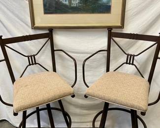 Pair of Swivel Barstools with Upholstered Seats  Framed Landscape Art