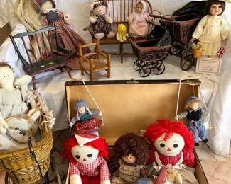Metal Trunk with Vintage Dolls, Carriages And Chairs  Featuring Raggedy Ann