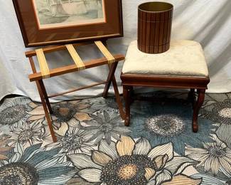 Ruggable Floral Area Rug, Upholstered Stool, Framed Art, Luggage Stand