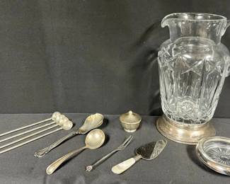 Sterling Lot with Assorted Flatware  Cut Crystal Pitcher
