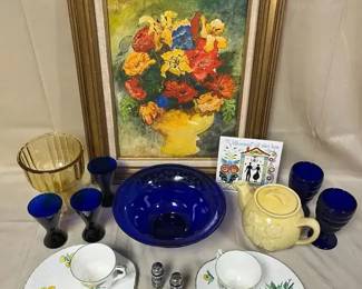 Vibrant Framed Floral Artwork with Blue Glassware  Yellow Teapot