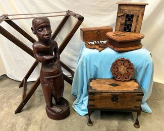 Carved Wood Accent Collection  Tribal Style Figure, Blanket Rack  Decorative Boxes