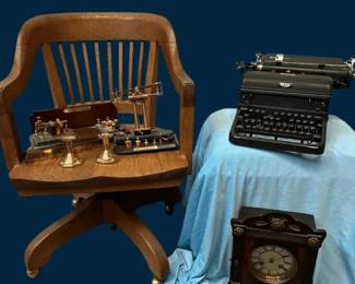 Vintage Office Collection  Gunlocke Chair, Royal Typewriter  Mantel Clock