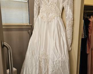 retro wedding dress with veil, bouquet and ring cushion 