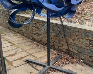 “Blue Fish” by Jerome Harris Parmet - Abstract Blue Metal Outdoor Kinetic Sculpture