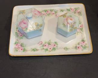 Vintage Hand-Painted Limoges Porcelain Vanity Set with Tray and Lidded Trinket Boxes