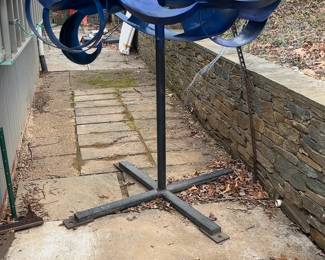 “Blue Fish” by Jerome Harris Parmet - Abstract Blue Metal Outdoor Kinetic Sculpture