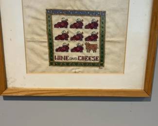 Framed Wine and Cheese Cross-Stitch Art