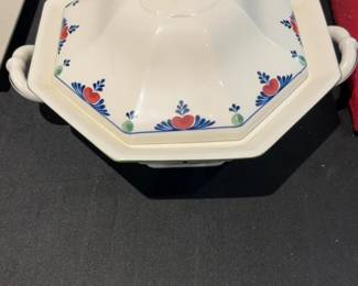 Vintage Hand-Painted Octagonal Ceramic Tureen with Lid