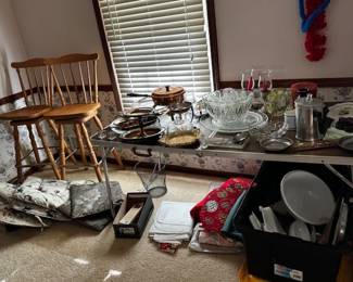 punch bowl, chafing dish, barstools