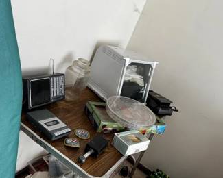 vintage radio, tape player, vhs rewinder, rotisserie oven