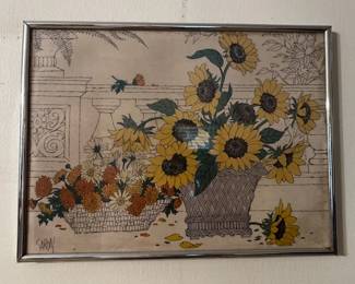 Sunflower ARt, Vintage Floral, Saron, Mid Century Decorative Print