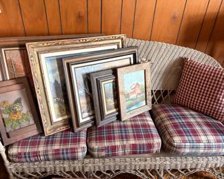 Wicker sofa and hand painted paintings 