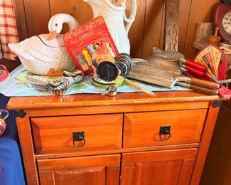 Wooden cabinet, vintage goose cookie jar