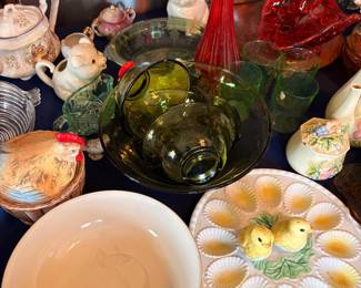 Green glassware, egg plate and vintage L.E. Smith Amberina "Flame" ribbed swung glass vase