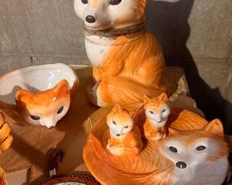 Brand New fox cookie jar, bowl, plate and salt and pepper shakers