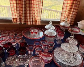 vintage Indiana Glass in the Kings Crown (also known as Thumbprint) pattern with Ruby Red flash staining