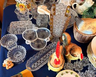 Chicken and Rooster figurines and glassware