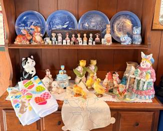 Cabinet, tea pots, symbol, collection, collector plates, and Easter figurines