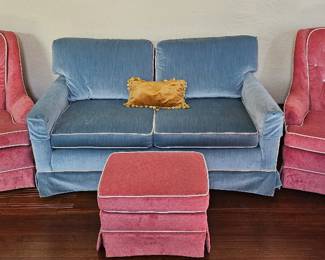 Baby Blue Valour Love Seat- Completely Restored and 2 Pink Accent Chairs