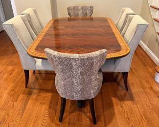 Figured mahogany dining table (w/2 leaves) + 6 Upholstered chairs (sold separately)