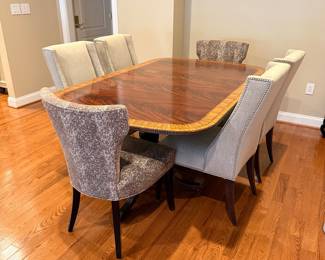 Figured mahogany dining table (w/2 leaves) + 6 Upholstered chairs (sold separately)