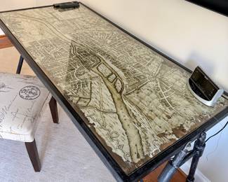 Glass and metal desk - map under glass