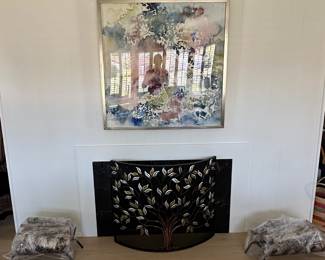 Framed print, birch wood and fireplace grate, fireplace screen.