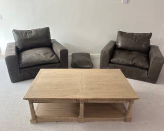 Restoration Hardware cloud chairs-gray. Wooden coffee table.