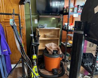 Weed eater, TV, shop vac, fan, shelf