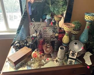 Vintage vanity, old camera, misc items