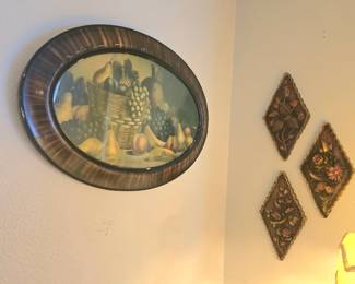 Antique oval still-life  of fruit and vintage 1970s diamond shaped wall decor