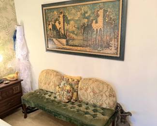 Vintage bench and a large selection of vintage wall art