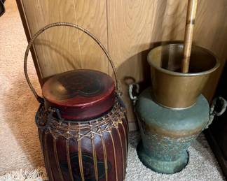 vintage lacquered bamboo rice basket with lid, vintage Victorian-style copper vase with nice patina