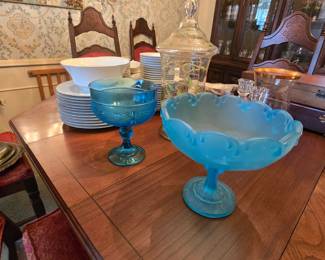 Tiera blue candy dish & Indiana Glass large Satin Blue Compte 