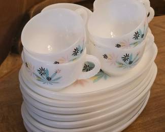 Vintage "Atomic Flower" milk glass patio snack set from the 1950s.  Made by Federal Glass Co, Columbus Ohio