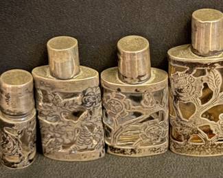 Vintage sterling silver encased glass perfume bottles - 1950s Art Nouveau