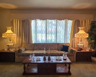 Vintage/ antique furnishings thru out - shown is an extra long, 4-cushioned sofa of mid-century French country style